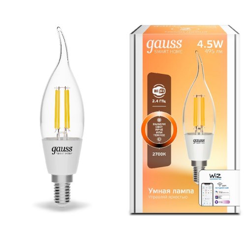 Лампа светодиодная филамент диммируемые Gauss Smart Home Свеча на ветру СF35 Е14 220В 4,5Вт 2700К фото Лампа светодиодная филамент диммируемые Gauss Smart Home Свеча на ветру СF35 Е14 220В 4,5Вт 2700К картинка